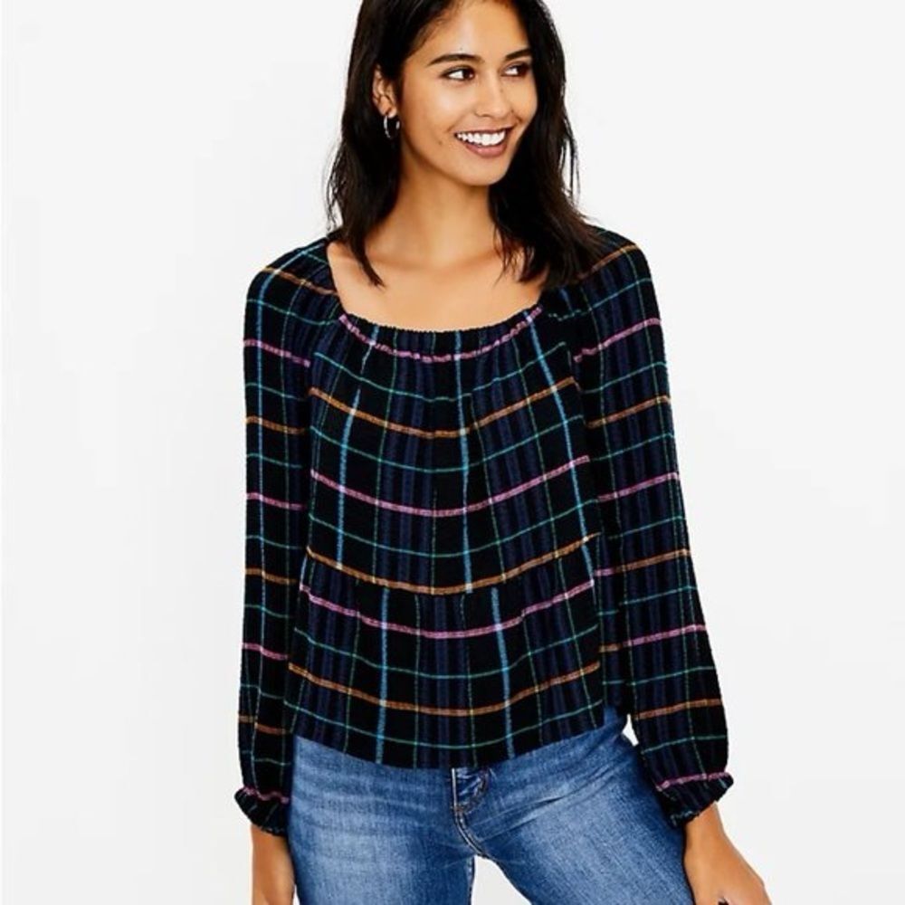 LOFT Black Plaid Square Neck Peplum Blouse Top Sz M